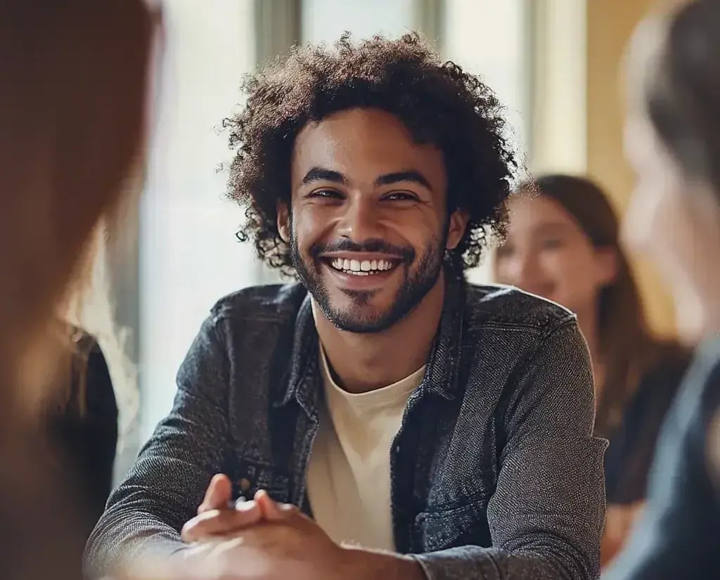 A cheerful man with curly hair and a beard is smiling brightly while seated at a table with others in a relaxed, social setting. The group around him appears to be engaged in friendly conversation, creating a warm and inviting atmosphere.